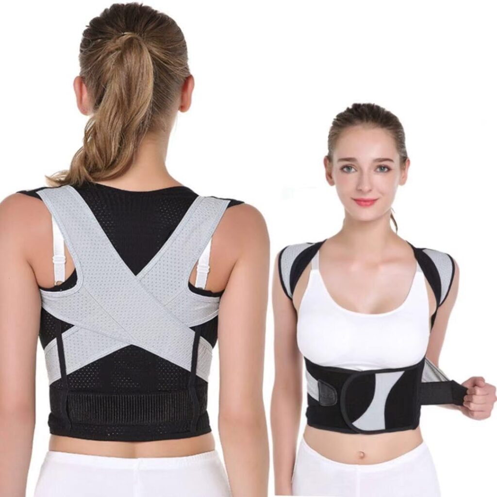 姿勢サポーター 猫背 ベルト メッシュ素材 薄手 自由調整 通気性 女性用 背中 背筋 巻き型 肩調整ベルト 装着しやすい (ブラック+グレー, S)