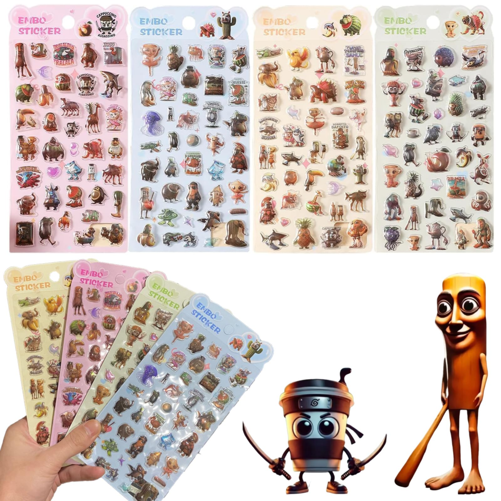 [Smato]イタリアンブレインロット 3Dシール 4枚セット トゥントゥントゥンサフール ユニークデザイン ネットミーム 手帳用 かわいい ステッカー スーツケース ギフト封緘に最適 多様な用途 シーンに対応(3D立体（4個セット）)